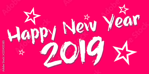 2019 hand written lettering with golden Christmas stars on a black background. Happy New Year card design. Vector illustration EPS