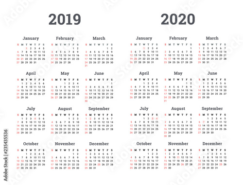 Calendar 2019 2020 year - vector illustration. Week starts on Monday