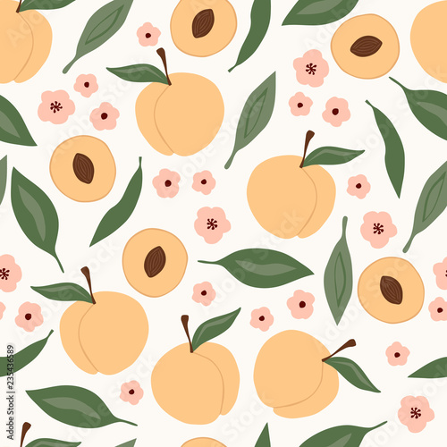 Seamless pattern with peach, flower and leaves.