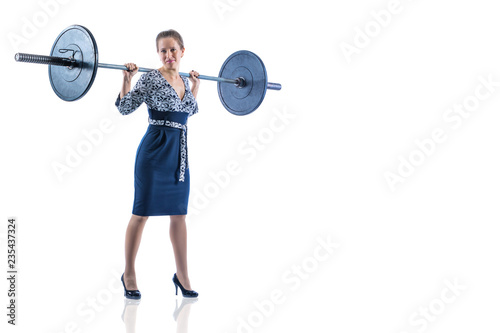 Businesswoman lifts up heavy barbell. Isolated on white photo for business financial strength concept.