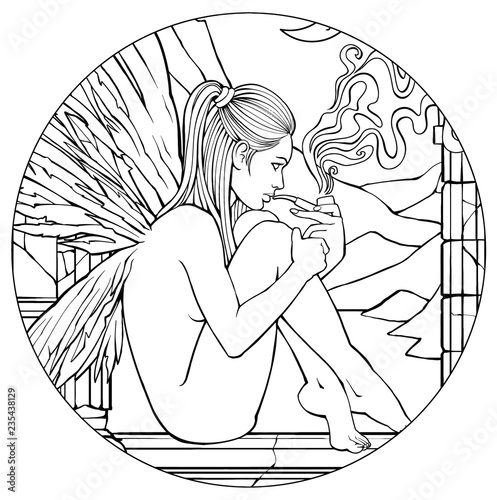 Angel smokes a pipe on the window