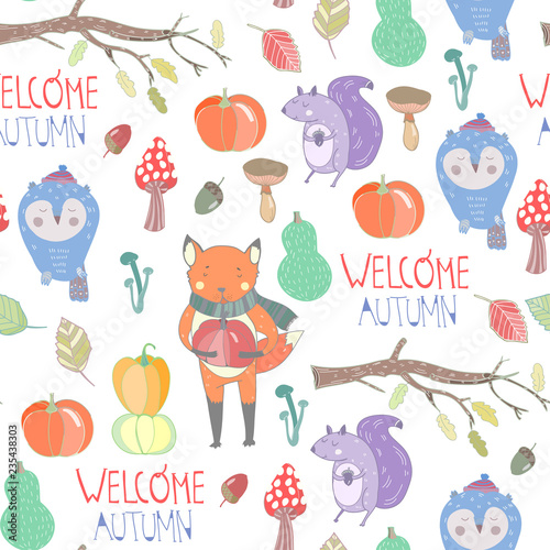 Welcome autumn. Cute forest animals. Colored graphic vector seamless pattern