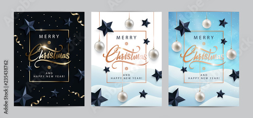 Christmas posters, invitations, cards or flyers set. Holiday banners with metallic gold lettering, black stars, christmas balls, snow, tinsel and confetti. Winter festive decoration. Vector eps10