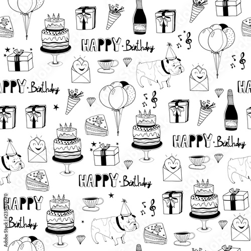 Happy birthday doodle elements. Black and white graphic vector seamless pattern