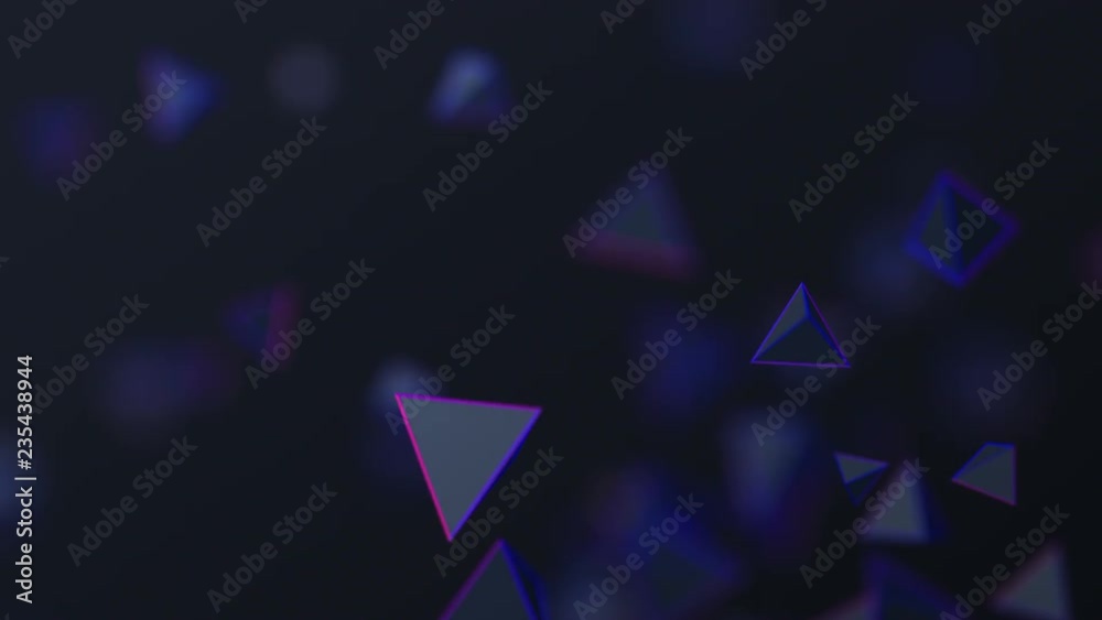 Abstract 3d rendering of flying geometric shapes. Computer generated animation. Modern background with pyramids. Motion design, 4k UHD