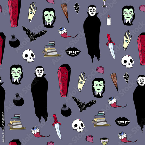 Doodle vampire spooky stuff. Hand drawn colored graphic vector seamless pattern. Dark background