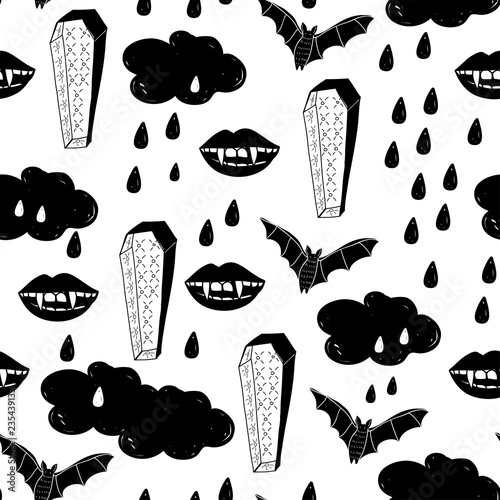 Doodle halloween seamless pattern. Fangs, bats and coffins