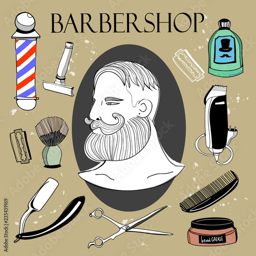 Hand drawn barbershop elements. Colored graphic vector set. All elements are isolated
