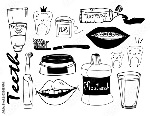 Hand drawn tooth care elements. Graphic vector set. All elements are isolated