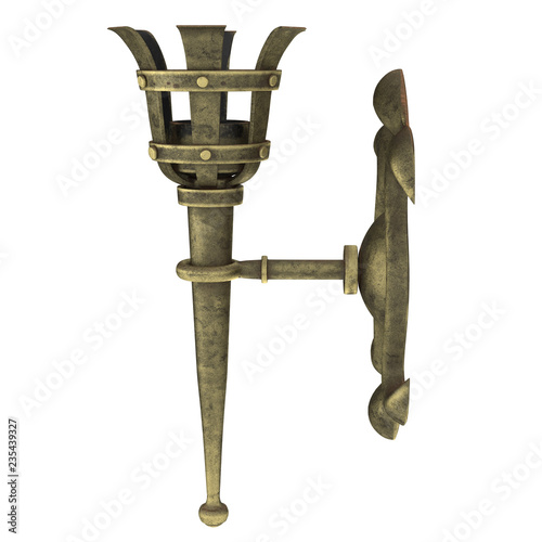 medieval bronze wall torch on an isolated white background, 3d illustration
