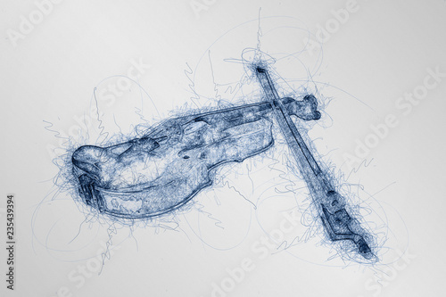 computer generated blue pen sketch of classic violin on white background