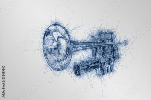 hand drawing sketch of classical silver music trumpet in perspective on white background photo