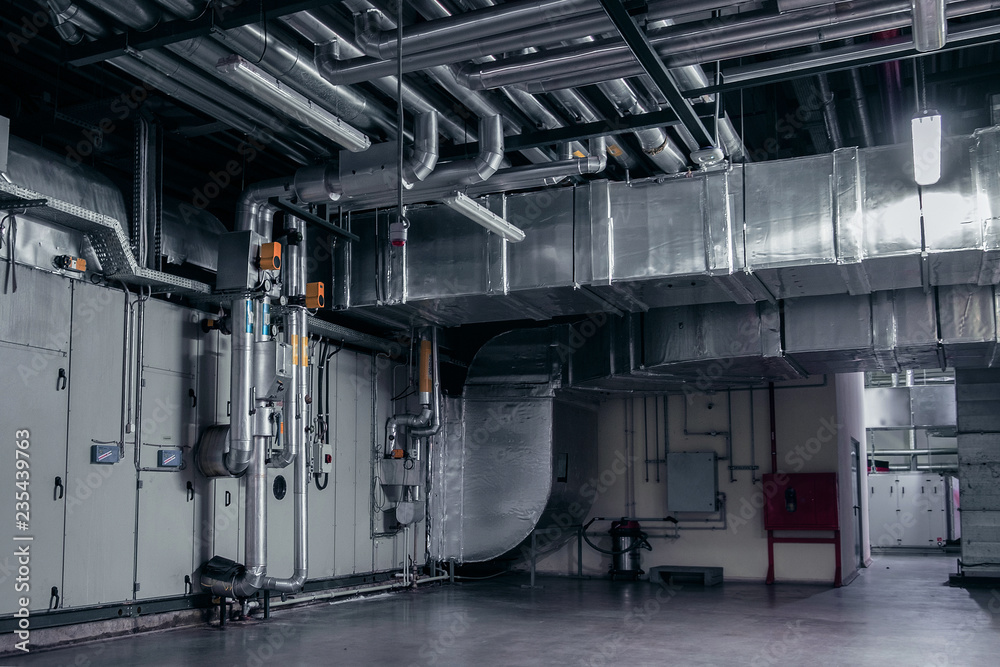 Modern industrial interior of the ventilation plant room, that can be used  for environmental 3d modelling. Photos | Adobe Stock