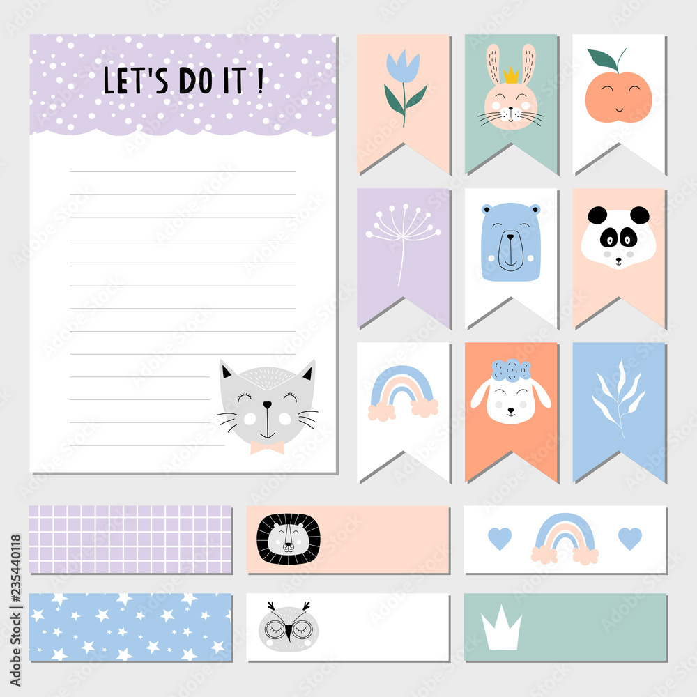 Cute to do list, weekly planner, stickers and labels for children. Vector isolated illustration.