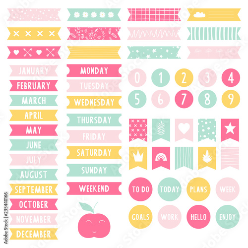Set of stickers for planner. Weekly to do list. Scrapbook elements. Printable labels. Vector illustration.
