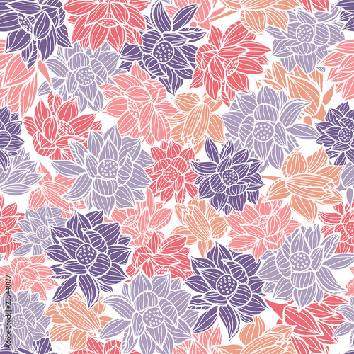 Elegant waterlilies or lotus flowers seamless pattern background texture in a modern colorful style. Vector.