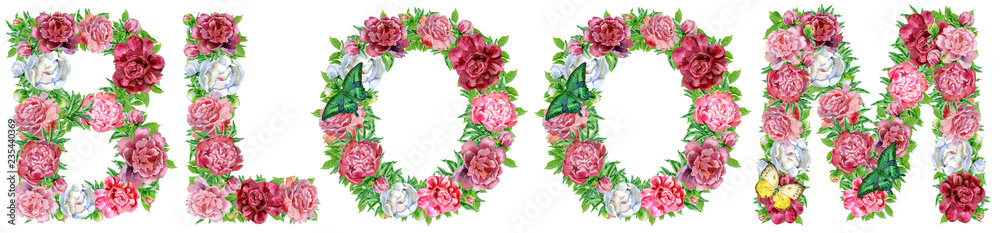 Word BLOOM of watercolor flowers for decoration