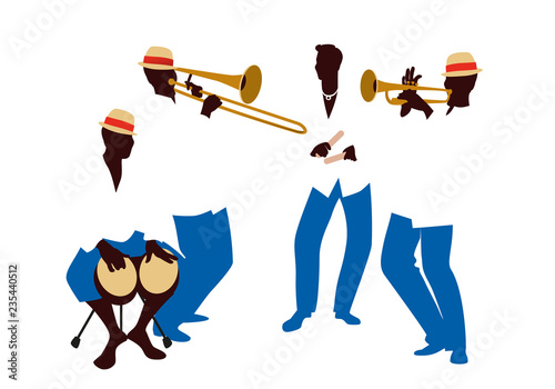 Latin band Four Latin musicians playing bongos, trumpet, claves and trombone.