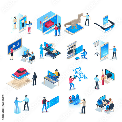 Isometric virtual reality simulations icons. Computer simulation helmet, augmented reality game vector illustration set