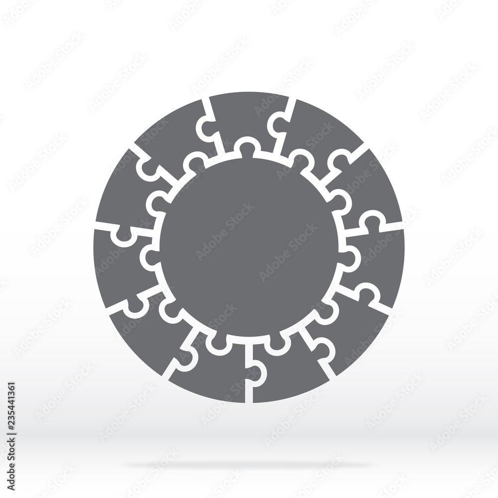 Simple icon circle puzzle in gray. Simple icon circle puzzle of the eleven elements and center on gray background. Flat design. Vector illustration EPS10. Simple icon circle puzzle in gray. Simple icon circle puzzle of the eleven elements and center on gray background. Flat design. Vector illustration EPS10.