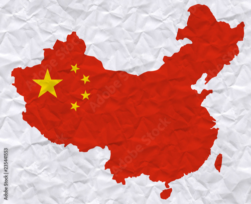 Canvas Print old crumpled paper with watercolor painting of China flag and map