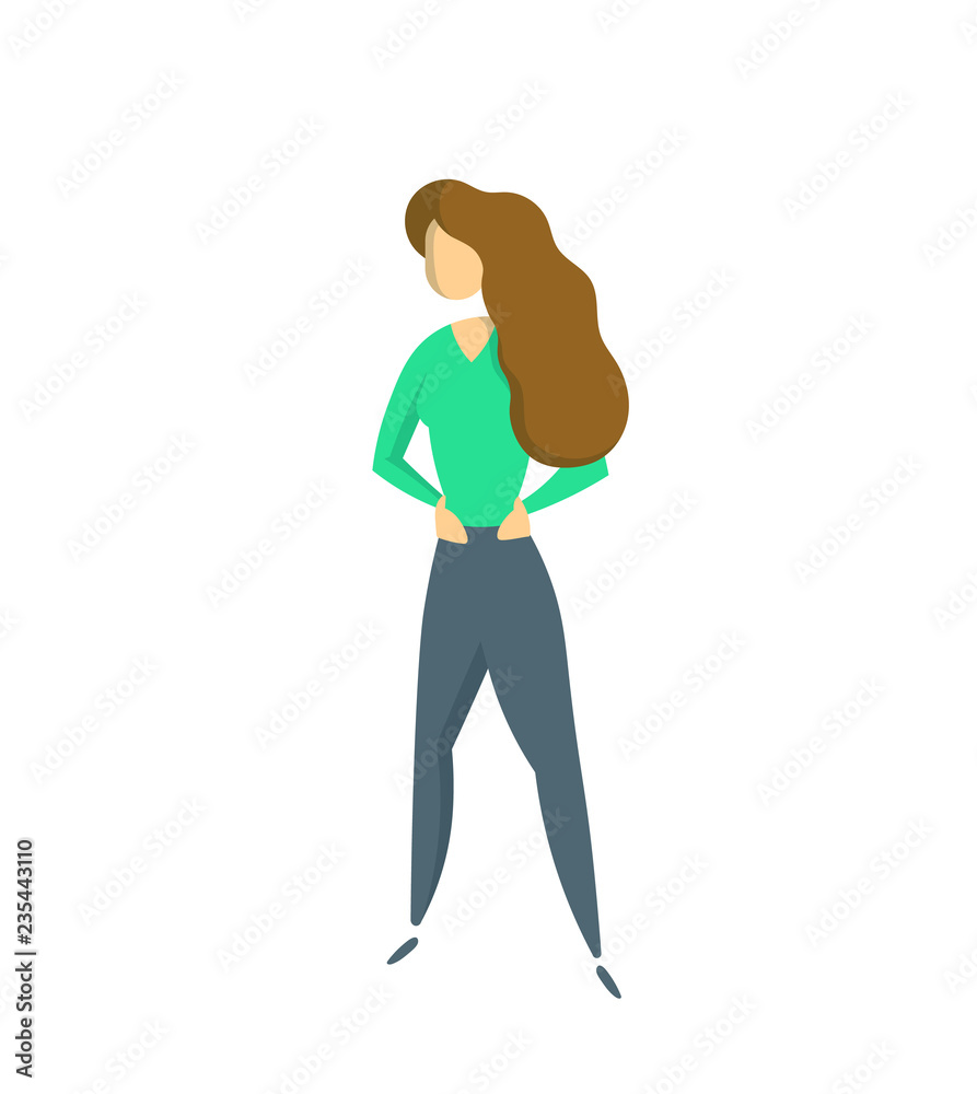 Young lady in green blouse with her hands on waist. Successful entrepreneur, business, strong leader concept illustration. Flat vector illustration. Isolated on white background. Young lady in green blouse with her hands on waist. Successful entrepreneur, business, strong leader concept illustration. Flat vector illustration. Isolated on white background.