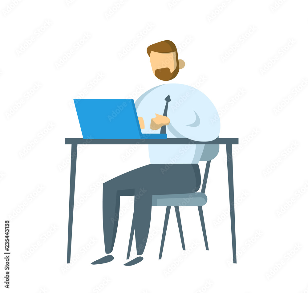 Bearded businessman sitting at his workplace. Manager working on a laptop in his office. Flat vector illustration. Isolated on white background.