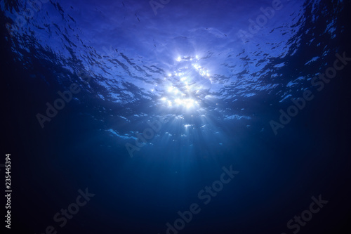 Relaxing image of the tropical sun shining down through the surface of a tropical ocean photo