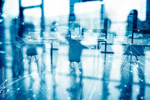 Business background of a with meeting room with network lines. double exposure
