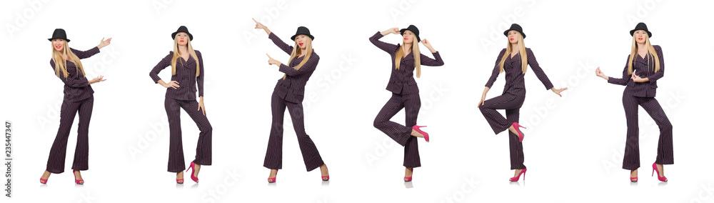 Fototapeta premium Pretty girl in purple retro suit isolated on white