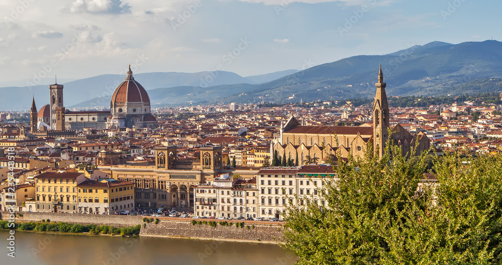 Panorama of Florence with the Cathedral of Santa Maria del Fiore and the Basilica of Santa Croce (Church of the Holy Cross). View from above. Italy