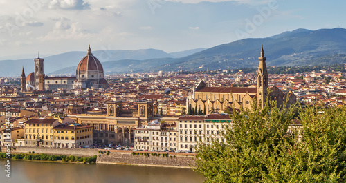 Panorama of Florence with the Cathedral of Santa Maria del Fiore and the Basilica of Santa Croce (Church of the Holy Cross). View from above. Italy