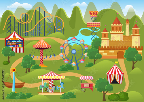 Amusement park concept landscape map with flat fairground elements  castle  mountains cartoon vector illustration.