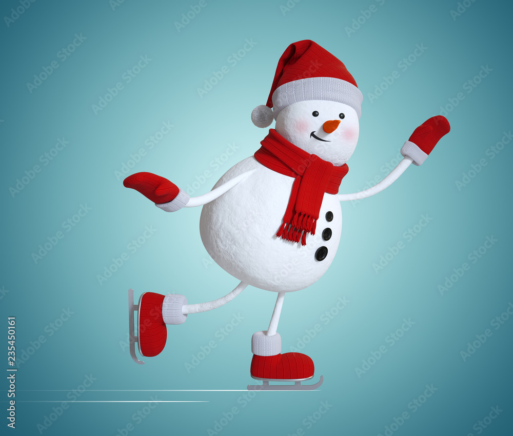 funny snowman figure skating, 3d character, winter sports illustration, Christmas clip art