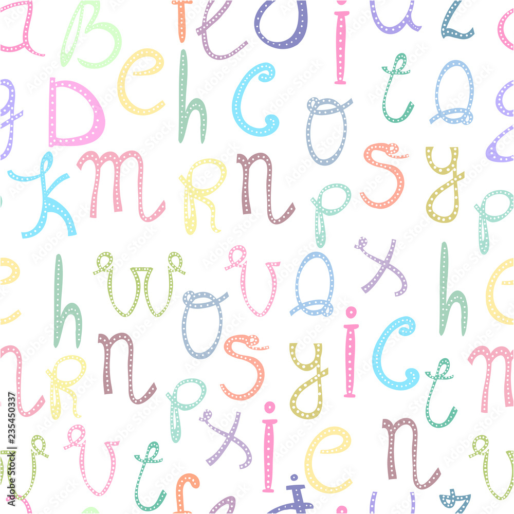 Hand drawn doodle alphabet. Colored vector seamless pattern