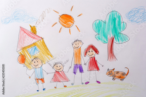 Children's drawing My Happy Family . The concept of child psychology. Psychological testing of the child using the picture.