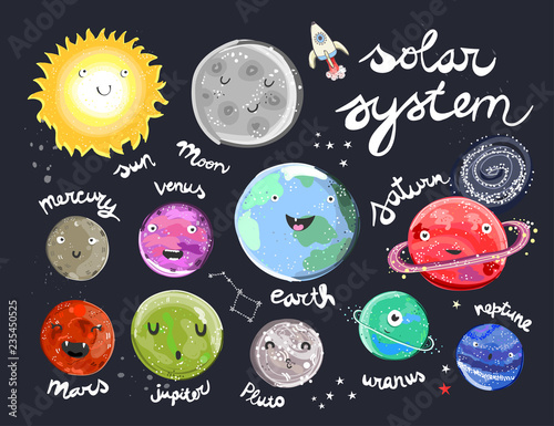 Hand drawn solar system with cute faces. Vector set. All elements are isolated
