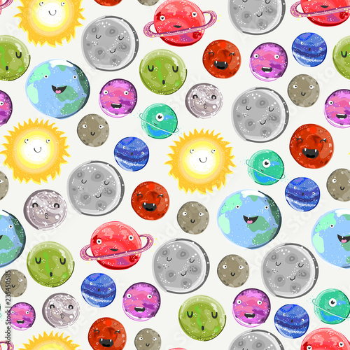 Hand drawn solar system with cute faces. Vector seamless pattern