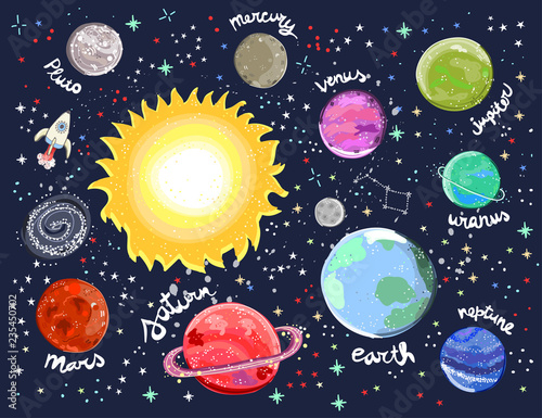 Hand drawn solar system. Colorful vector illustration