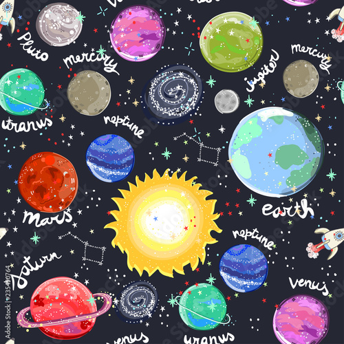 Hand drawn solar system. Vector seamless pattern. Dark background