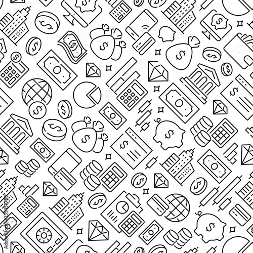 Inclined seamless pattern with money and finance. Black and white thin line icons