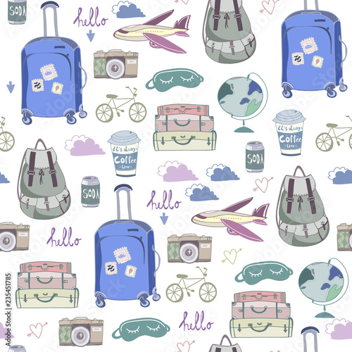 Hand drawn travel stuff. Colored graphic vector seamless pattern