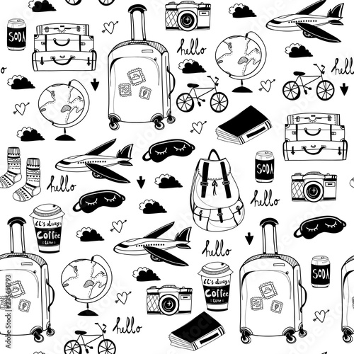 Hand drawn travel stuff. Graphic vector seamless pattern