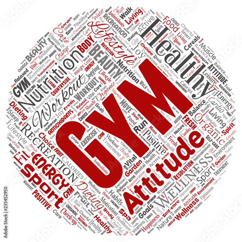 Vector conceptual healthy living positive nutrition sport round circle red word cloud isolated background. Collage of happiness care, organic, recreation workout, beauty, vital healthcare spa concept