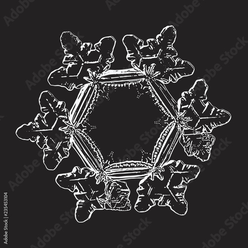 White snowflake isolated on black background. Vector illustration based on macro photo of real snow crystal: elegant star plate with hexagonal symmetry, short, broad arms and glossy relief surface.