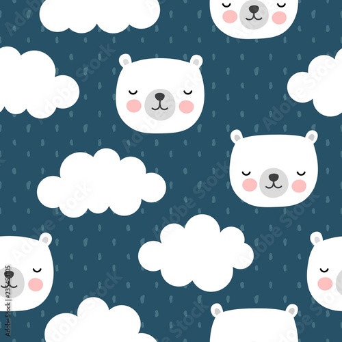 Cute Polar Bear with Clouds Seamless Pattern, Cartoon Background, Vector Illustration