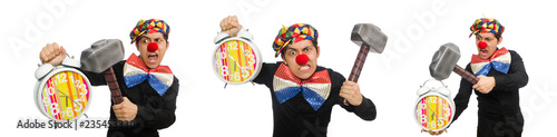 Funny clown with hammer and clock on white