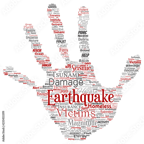 Vector conceptual earthquake activity hand print stamp word cloud isolated background. Collage of natural seismic tectonic crust tremble, violent tsunami waves risk, tectonic plates shifting concept