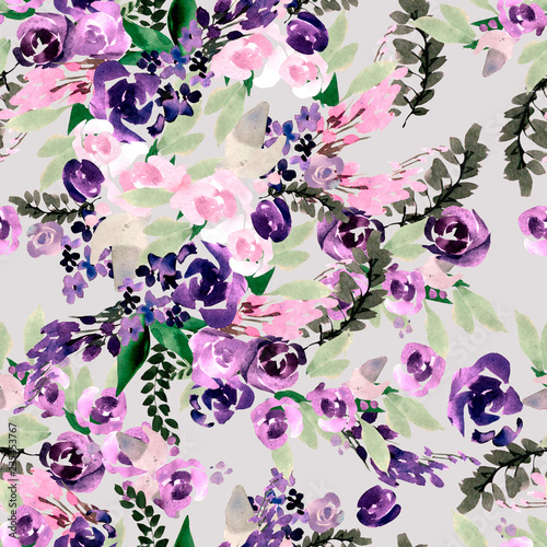 Beautiful watercolor pattern with purple and pink flowers.