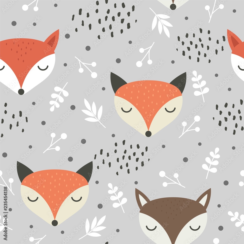 Naklejka premium Wzór ładny lisa, wilk ręcznie rysowane tła lasu z kwiatami i kropkami, ilustracji wektorowych